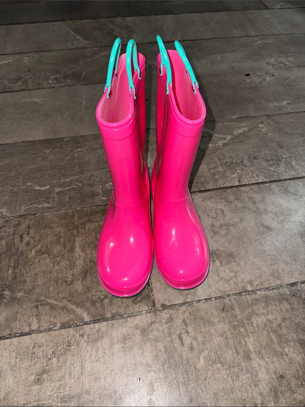 Bright Pink Rain Boots with Teal Handles